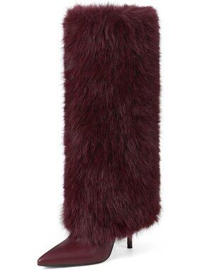 Women's Wine Red Fur Wide Calf Pointed Toe Stiletto Heel Side Zip Knee High Boot